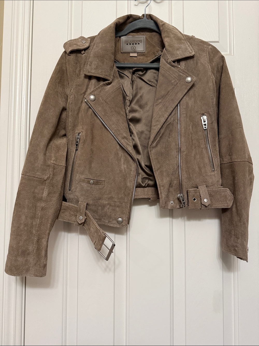Blank NYC Taupe Suede Moto Jacket with Belt